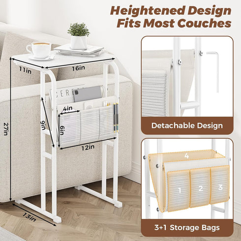Olldide C-Shaped End Table with Storage Bag, Side Table for Living Room Bedroom, Slide Under Couch Sofa TV Trays Desk