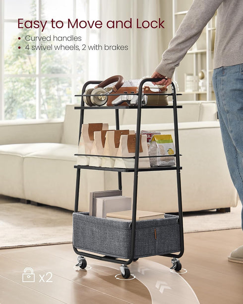 3-Tier ULRC001BE02 VASAGLE LILEA Collection - Storage Cart with Fabric Basket, Rolling Utility Cart with Wheels