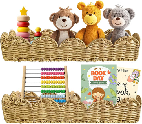 Rattan Nursery Book Shelf, Woven Scalloped wall Shelves, Wicker Hanging Storage Basket,