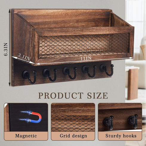 Colingmill 5 Magnetic Mail and Key Holder for Wall Fridge Wooden Mail Organizer with Key Hooks for Home Bedroom Fridge