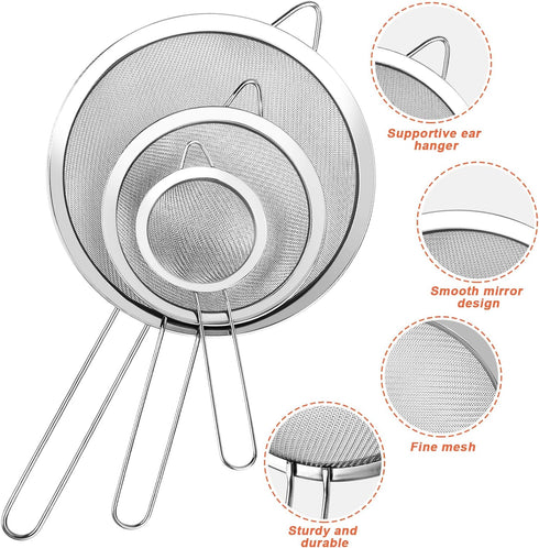 3Pcs Extra Fine Mesh Strainer Set with Handle - Small, Medium, Large Stainless Steel Sieve for Kitchen Baking