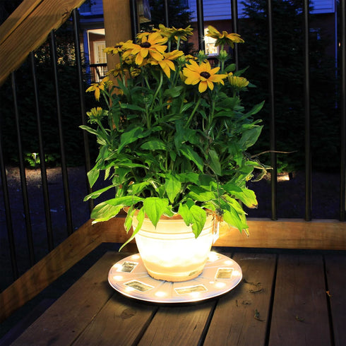15" (78i50265) Gama Sonic Illuminated Plant Stand for Outdoor, Solar Power, White Base for Exterior Potted Plants