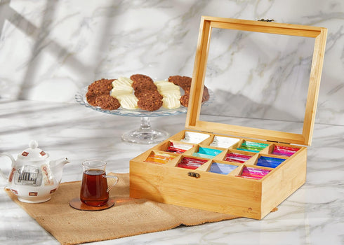 12 RoyalHouse Big Natural Bamboo Tea Storage Organizer with Clear Acrylic Top Window, Compartments Eco-Friendly Tea Bag