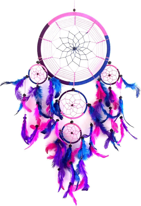OMA Dream Catcher with Traditional Tie Dye Colors, Pink, Blue & Purple Feathers, 8.5" Diameter & 30" Long