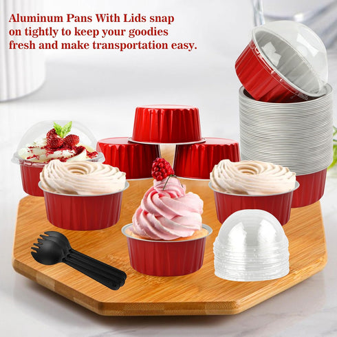 BAKINGPAK 50PCS Mini Aluminum Pans with Lids, 4OZ Baking Cups, Disposable Ramekins, Red Mini Cake Pans for Birthday
