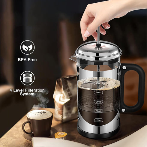 34 Ounce French Press Coffee Maker, Chromium Stainless Steel with 4-Level Filter System, Borosilicate Glass