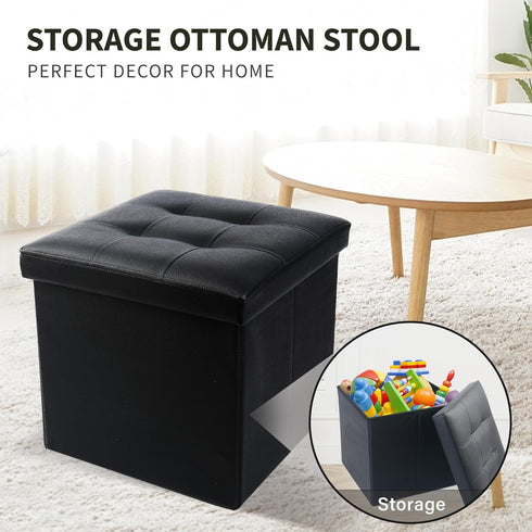 LotFancy Foldable Storage Ottoman, Small Leather Bench with Storage, 13x12x12 Inches, Holds up to 260 lb, Black