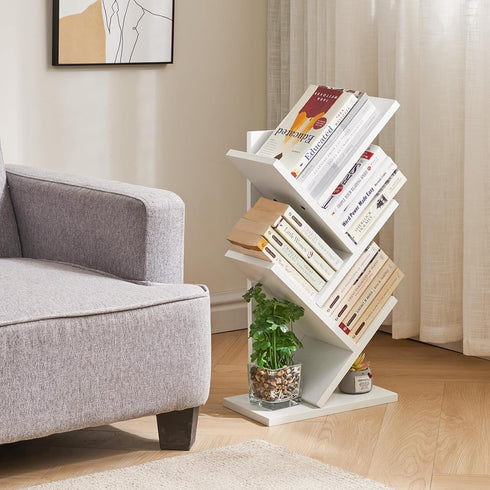 4 UHBC014W YMYNY Tier Tree Bookshelf, Small Bookcase, Modern Wood Book Storage Rack, Freestanding Book Shelf