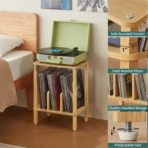2-Tier 100 Albums, LELELINKY Bamboo Record Player Stand with Vinyl Record Storage up to Boho Bedroom Record Holder