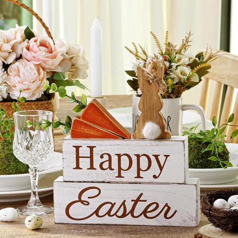 5PCs Easter Decorations: Happy Rustic Easter Wooden Bunny Carrot Table Signs, Cute Carrots Bunny Shaped Holiday Home