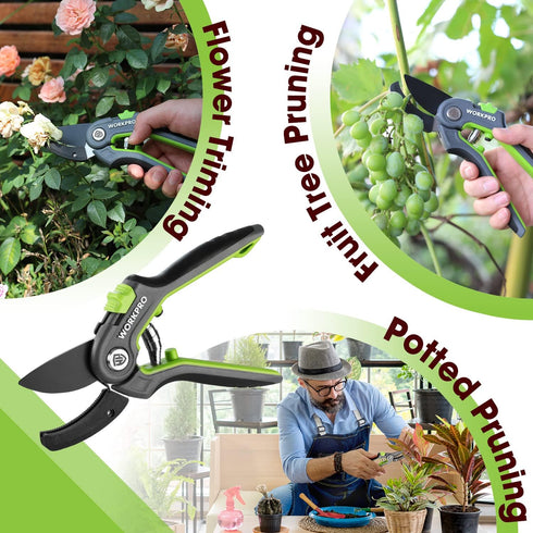 WORKPRO Anvil Pruning Shears, 8’’ Professional Hand Pruner with SK5 Steel Blades for Gardening