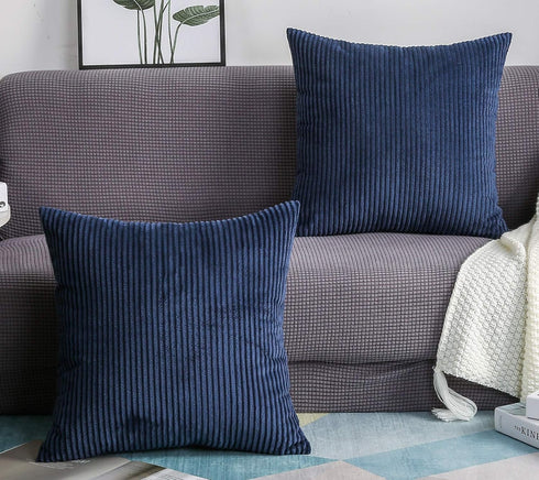 TangDepot Set of 2 Solid Velvet Striped Corduroy Decorative Throw Pillow Covers, 24"x24" (A10 Navy Blue)