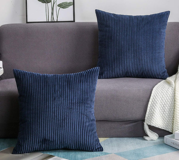 TangDepot Set of 2 Solid Velvet Striped Corduroy Decorative Throw Pillow Covers, 24"x24" (A10 Navy Blue)