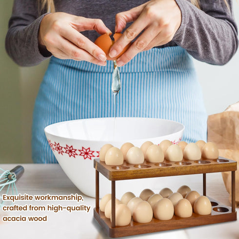 2 Countertop, 36 Wooden Double Layer Egg Holder - Farmhouse Kitchen Acacia Egg Tray Organizer - Tier Fresh Egg Storage