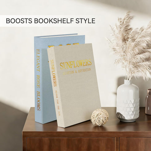 Set 2 Premium Linen Decorative Book Box of - Letter Gold Foil Embossed with Hidden Storage | Coffee Table, Bookshelf