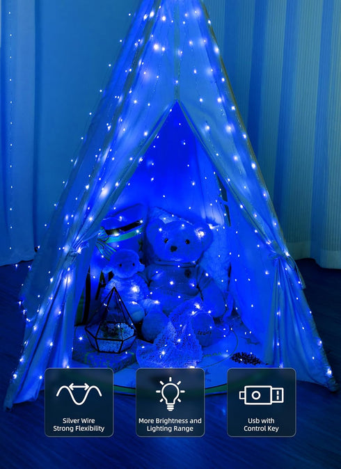 300 9.8ft 9.8ft 8 1 Pack Brightown LED Blue Fairy Curtain Lights, x String Lights, USB Plug in Lighting Modes Christmas
