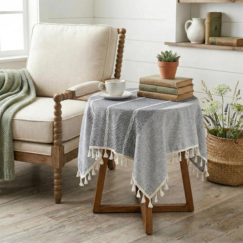 24 24 Inch, Small Square Tablecloth x Cotton Linen Boho Gray Nightstand Cover with Tassels, Rustic Farmhouse Grey End