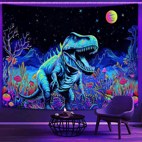 Blacklight Dinosaur Tapestry, Neon Funny Dino Frog Mountain Art UV Reactive Tapestries for Bedroom Boys Kids Decor
