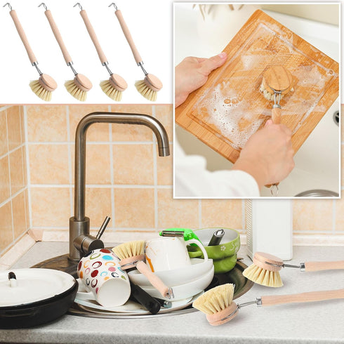 Maxdot 4 2 Inch Pcs Kitchen Dish Brush with Beechwood Handle Natural Wooden Handle Scrub Brush Fiber Bristles Dish