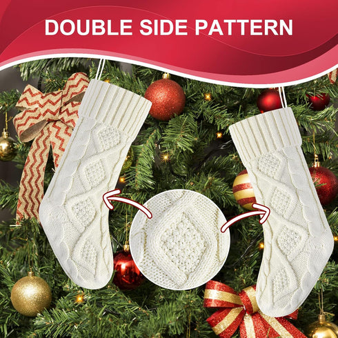 Pack of 2, 18" Unique Ivory White Knit Christmas Stockings, Style 2