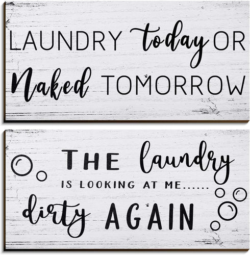 2 Pieces Laundry Room Decor Sign, Rustic Farmhouse Bathroom Wall Decor, Funny Laundry Signs (12 x 6 Inch)
