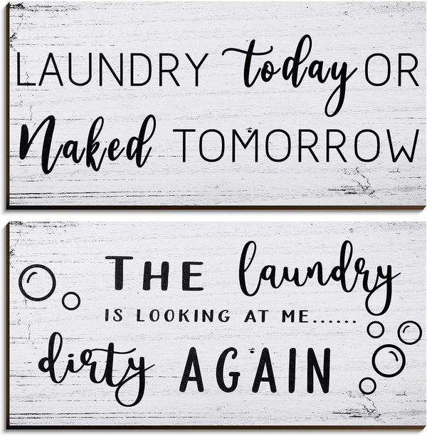 2 Pieces Laundry Room Decor Sign, Rustic Farmhouse Bathroom Wall Decor, Funny Laundry Signs (12 x 6 Inch)