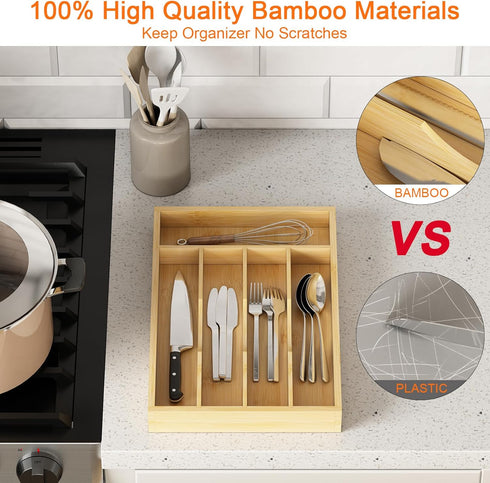 Utensil Organizer Bamboo for Kitchen Drawers, Cutlery Tray and Silverware Holder, Wood Drawer Dividers with 5 Slots