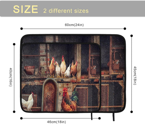 Dish Drying Mat For Kitchen Counter Roosters Hens Chickens Farm Absorbent Microfiber Kitchen Drying Mats For Dishes Reversible Countertop Dish Drainer Mats Washable Heat-Resistant Large 24 x 18 In