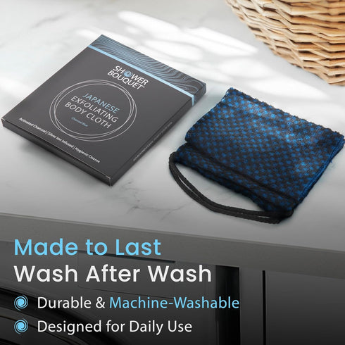 Japanese Exfoliating Washcloth for Back & Body - Charcoal & Silver Ion Exfoliating Towel with Handles - Two-Sided