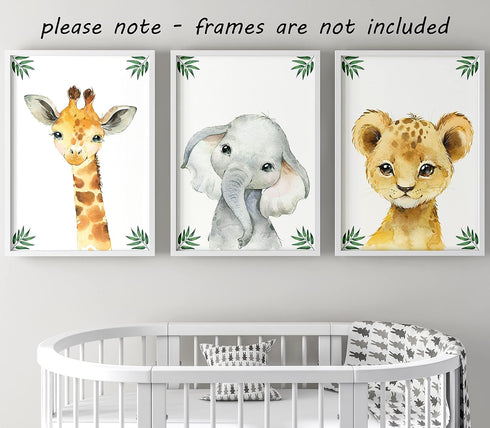 Set 3 (8x10) Baby Safari Animals for Girl or Boy Nursery Bedroom, of Unframed Wall Art Prints, Jungle Leaves Posters