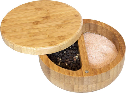 8 Totally Bamboo Salt Keeper Duet Bamboo Salt Cellar with Dual Compartments for Salt and Pepper or Spices, Magnetic