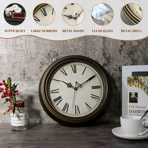 Plumeet 13'' Large Metal Wall Clock, Non-Ticking Retro Silent Iron Decorative Clock with Roman Numerals, Brown