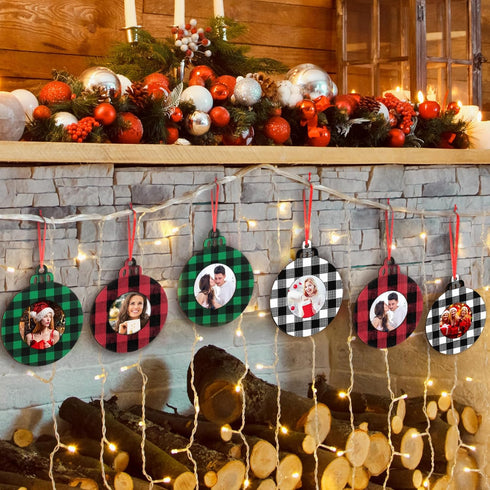 Jetec 12 Pcs Christmas Ball Picture Ornament Bulk – Wooden Photo Frame Ornaments Plaid Hanging Decorations for