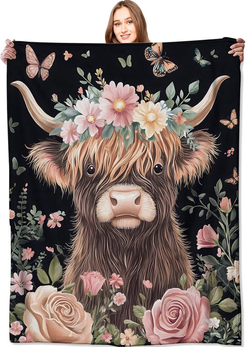 Highland Cow Blanket Cute Cattle with Floral Crown Throw Blankets,Gifts for Kids