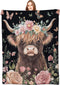 Highland Cow Blanket Cute Cattle with Floral Crown Throw Blankets,Gifts for Kids