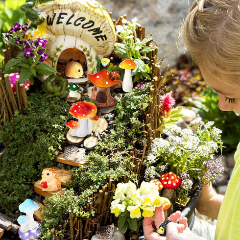 Woanger 30 Pcs Fairy Outdoor Garden Accessories, Resin Mini Hedgehog Mushroom Figurines for Terrarium Decor