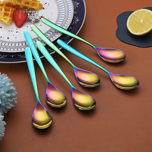 Rainbow Teaspoons, 6 Piece Spoons Silverware, Stainless Steel Small Spoons, Tea Spoons for Home, Kitchen, Restaurant,