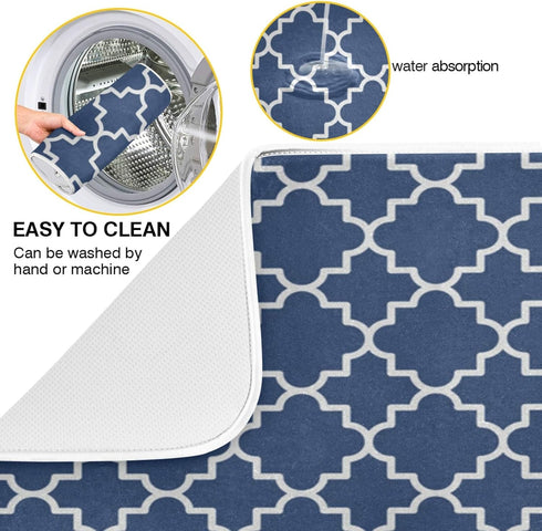Super Absorbent Dish Drying Mat, Microfiber Fast-Drying Dish Mat 16" x 18", Cute Navy Blue Moroccan