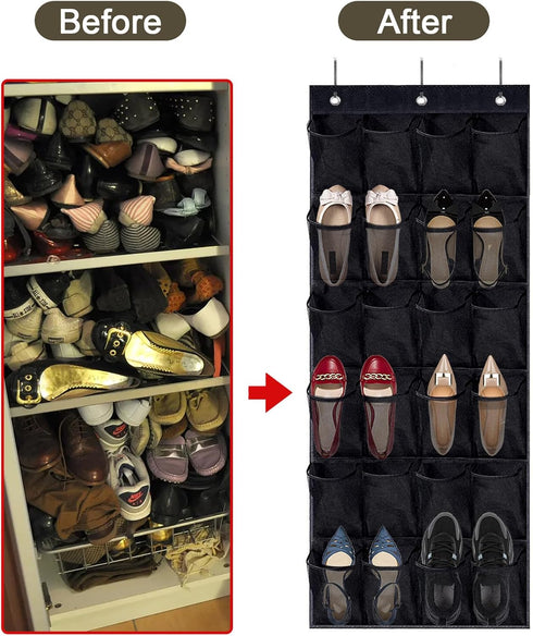 Over the Door Shoe Organizer - Black Mesh Organizer with 24 Pockets and Hooks for Space Saving Shoe Storage