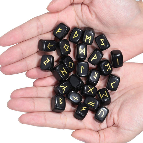 TUMBEELLUWA Energy Black Obsidian Rune Stones Set - Engraved Elder Futhark Alphabet for Divination, Meditation