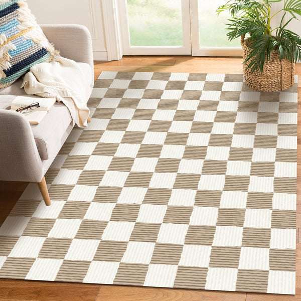 Checkered Brown Area Rug 3' 5' Washable Large Living Room Rug Geometry
