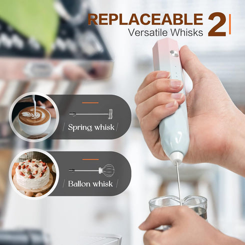 Rechargeable Milk Frother Handheld Electric Whisk Mixer with 2 Stainless Whisks, 3 Speed Adjustable Foam Maker for