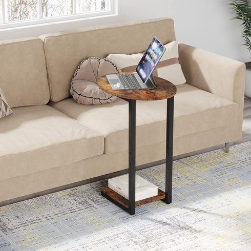 Hosfais Side Table Small End Table, C-Shaped Wood Sofa Table with Metal Frame for Living Room, Bedroom, Small Spaces