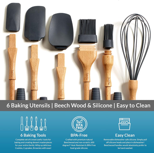 6 Pieces Baking Utensils Set - Dark Grey Silicone Spatula Set, 3 Spatulas, 2 Pastry Brushes, 1 Whisk - Gift for Women