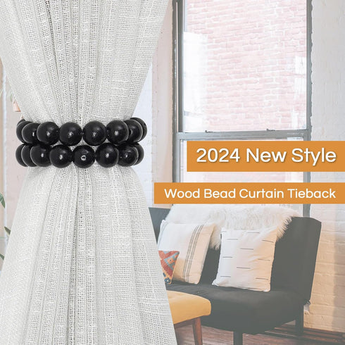 NICEEC 2 Pack Wood Bead Curtain Tiebacks, Strong Magnetic Natural Wooden Beaded Holdbacks for Draperies