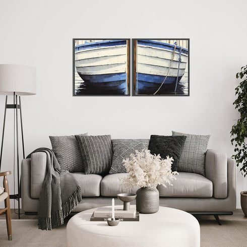 Nautical Wall Art, Wooden Boat Wall Decor, Blue White Rustic Boat Painting Canvas Print for Beach House, Unframed