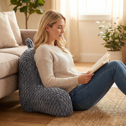 GRASS BROOK Faux Fur Reading Pillow for Bed Adults, Ultra Soft Plush Floor Backrest Pillow with Side Pockets for Bed