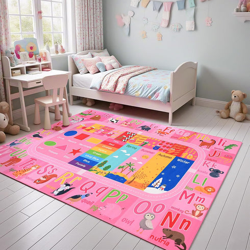 3x5 Pink Kids Rug for Playroom Classroom, ABC Alphabet Numbers Play Toddlers Rugs, Learning Educational Bedroom Floor