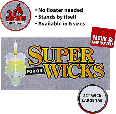 Ner Mitzvah Self Standing Cotton Wicks for Glass Oil Cup, Large Tabs, 2.5 inch Wicks (Pack of 50)