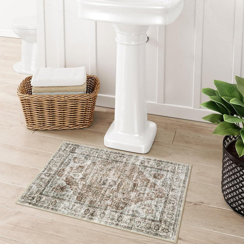 Boho Distressed Khaki Bathroom Rugs, Comfy Velvet Non-Slip Washable Bath Mat, Vintage Oriental Toilet Rug 18x26 inch